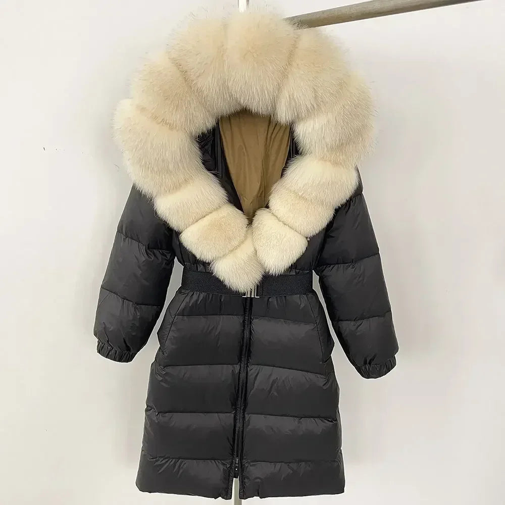 90% White Duck Down Coat New Natural Thick Warm Long Winter Jacket Women Real Big Fox Fur Collar Belt Loose Puffer Parka