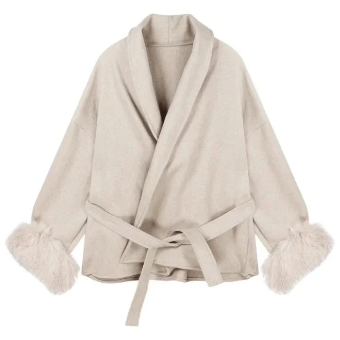 Slimming Thin Woolen Coat with Belt And Fur Sleeves for Women Trendy Autumn Winter Outerwear Elegant High-End Feeling