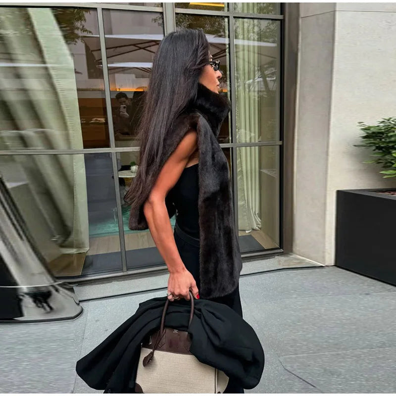 Vintage Brown Women's Faux Fur Vest Solid High Collar Sleeveless Thicken Female Waistcoat 2025 Autumn Winter New Lady Streetwear