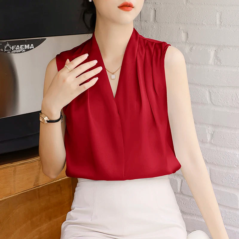 2025 New Summer Satin Tank Top Women's Blouses Sleeveless Solid Cross V-neck Casual Korean Elegant Vest Shirts for Womens