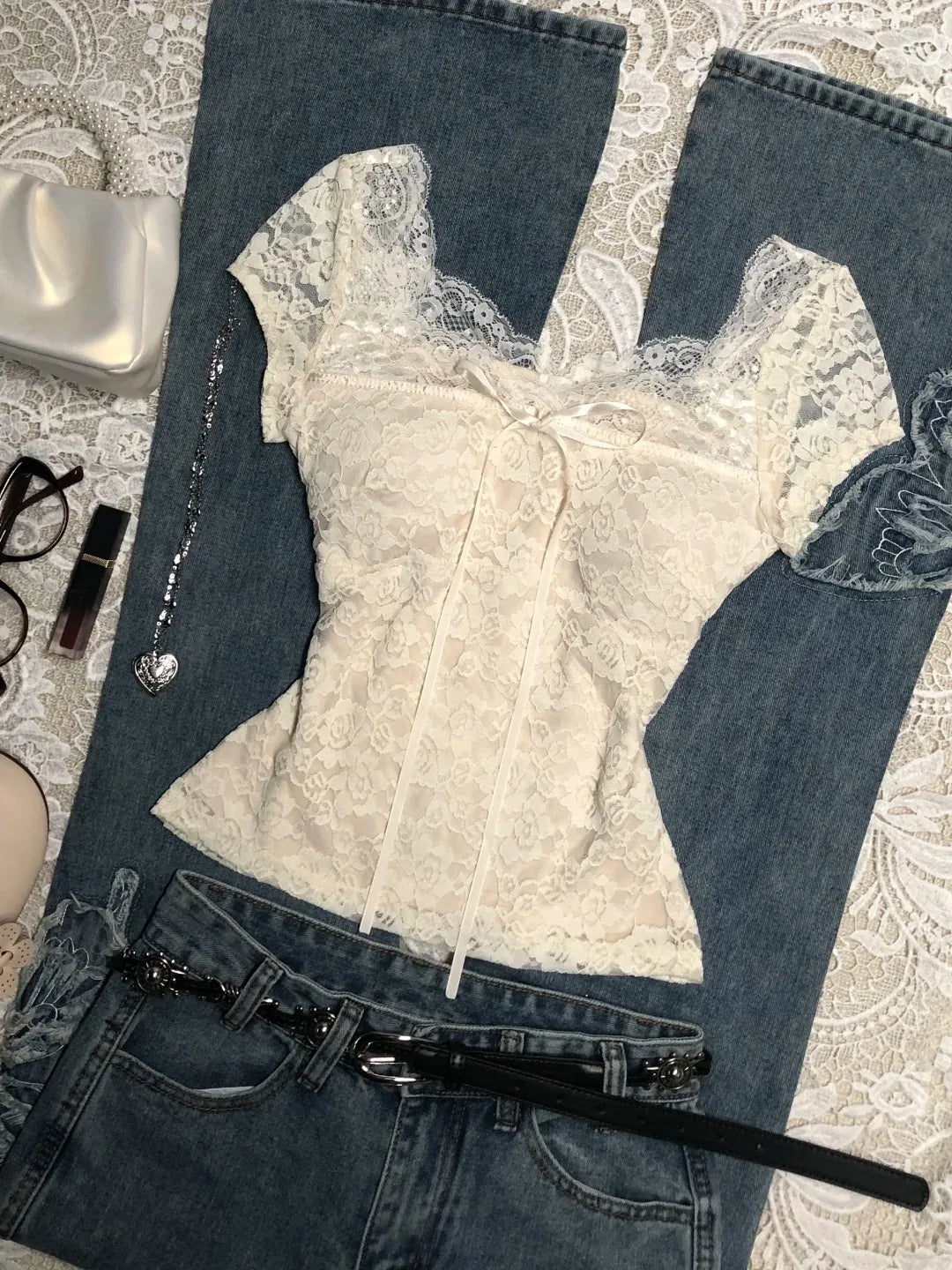 Lace Slim T-shirt Women Vintage Sweet Crop Top Fairy Harajuku Korea Y2k 2000s Hot Girl Short Sleeve Elegant Bow Sexy Summer Tees