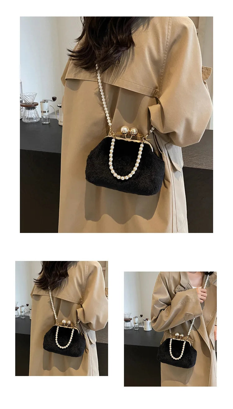 High-end Beaded Fashion Women's Bag Autumn Personality Trendy Evening Bag Plush Handbag Shoulder Crossbody Bag