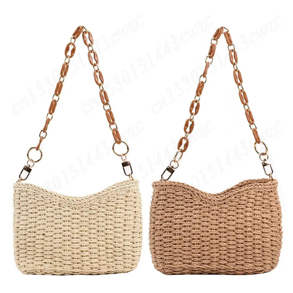 Straw Purse for Women with Chain Woven Shoulder Bag Zipper Underarm Bag Large Capacity Clutch Purse for Travel Vacation