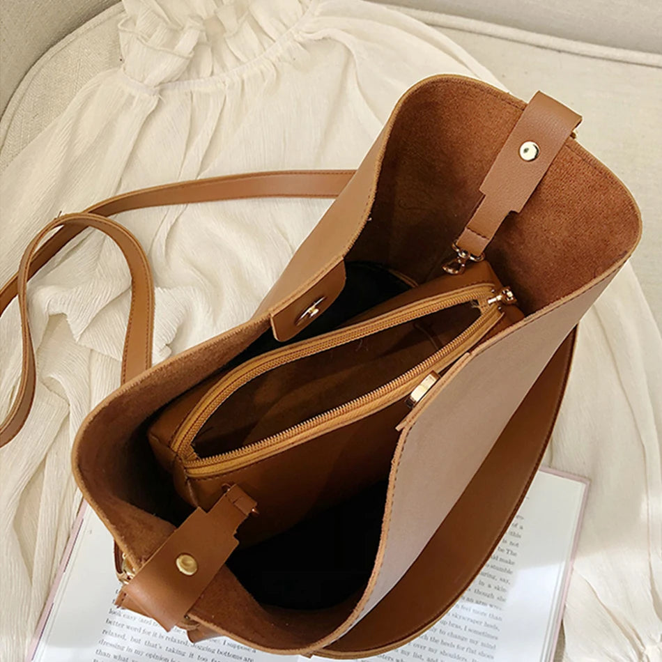 2piece/set Fashion Design Pu Leather Shoulder Crossbody Bag Casual Lady Tote Female Large Capacity Bucket purses and handbags