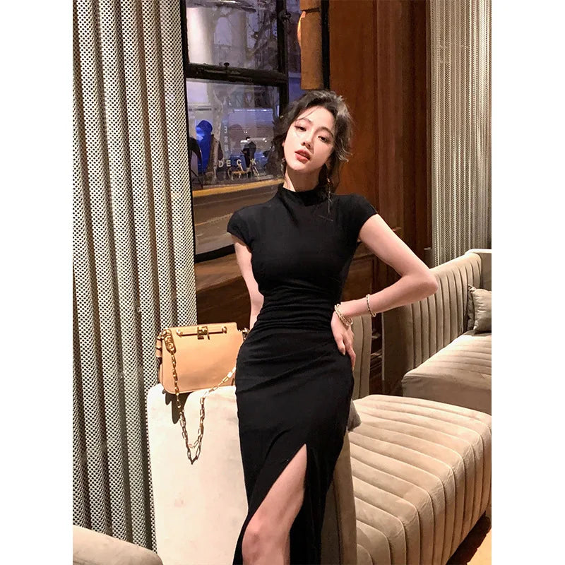 Elegant White Long Dress for Women Short Sleeve Party Split Dress Office Lady Sheath Slim Fit O Neck 2023 New Summer Black Dress
