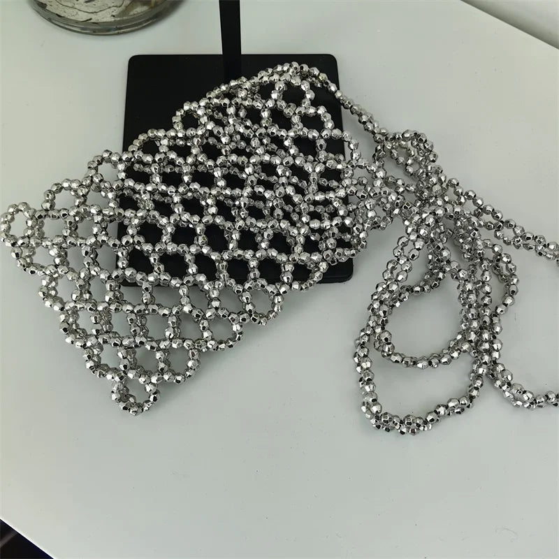2022 Summer Silver Acrylic Hand-woven Beaded Bag Hollow Out Handmade Mobile Phone Messenger Bag Vertical Small Square Bag