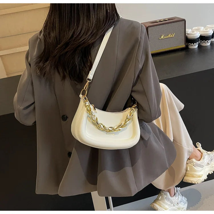 Fashion Chain Handbags Women's Crossbody Bags, Solid PU Leather Shoulder Bag For Daily Used