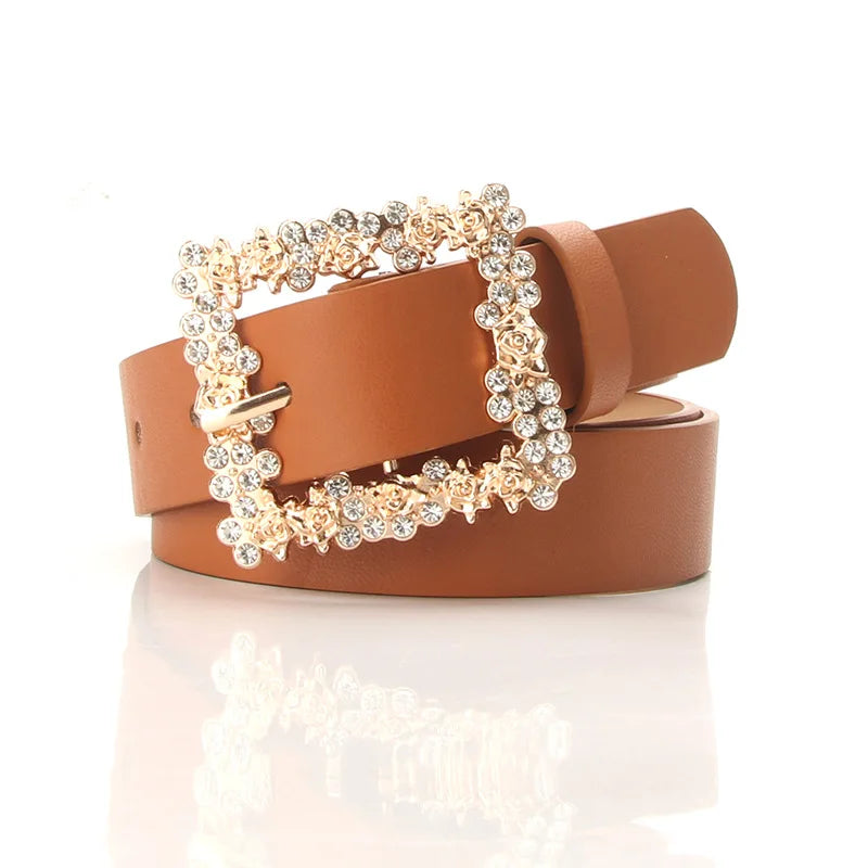 Fashionable Belts for Woman Shiny Rhinestone Beautiful Square Wreath Metal Buckle Solid Color PU Belts