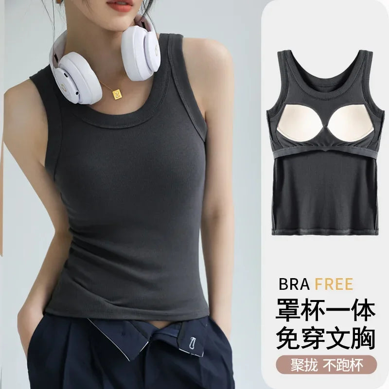 New Women Solid Round Neck Ribbed Tank Top Camisole Women Summer Basic Elastic TankTop One-piece Vest with Chest Pad Y2k