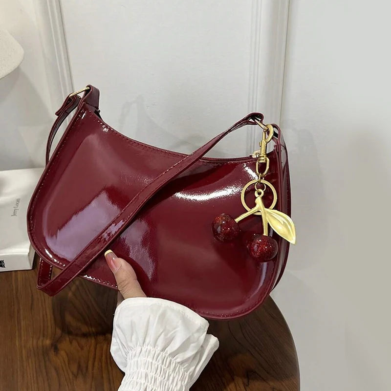 Women's PU Leather Handbag Versatile Fashion Solid Color Cherry Pendant Shoulder Bag Casual Commuting Bag Girl Underarm Bag