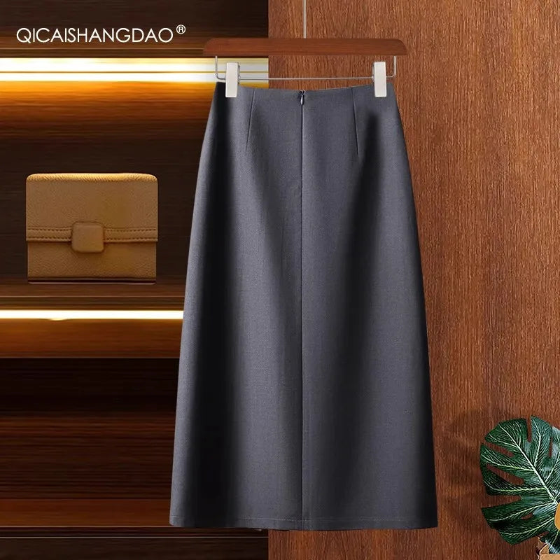 Business Style Mid-length Women' Pleated Skirt High Waist A-line Asymmetrical Office Ladies Work Casual Skirts