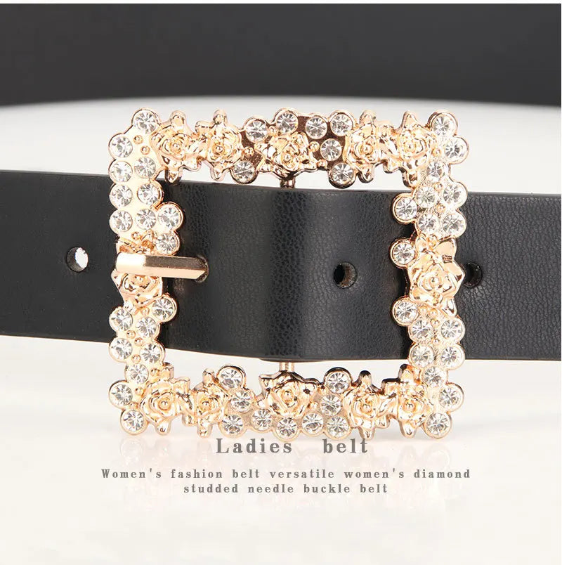 Fashionable Belts for Woman Shiny Rhinestone Beautiful Square Wreath Metal Buckle Solid Color PU Belts