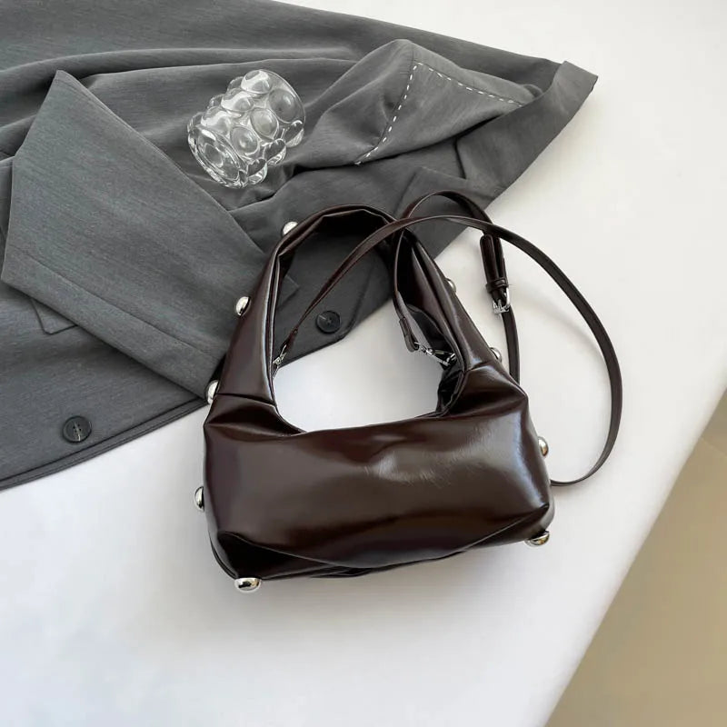 Black Half Moon Underarm Bag For Women Luxury Studded Beading Handbags Red Purse Solid Color Pu Leather Shoulder Crossbody Bags