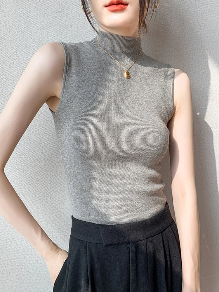 Sexy Summer Turtleneck Tank Tops Women Ribbed Sleeveless Solid Slim Top Female Sleveless Camisole Vest Casual Knitted Camis 2025
