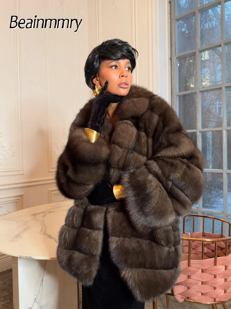 Solid Patchwork Faux Fur Coat Women Full Sleeve Lapel Loose Long Staple Plush Jacket Lady 2025 New Winter Fashion Street Outwear