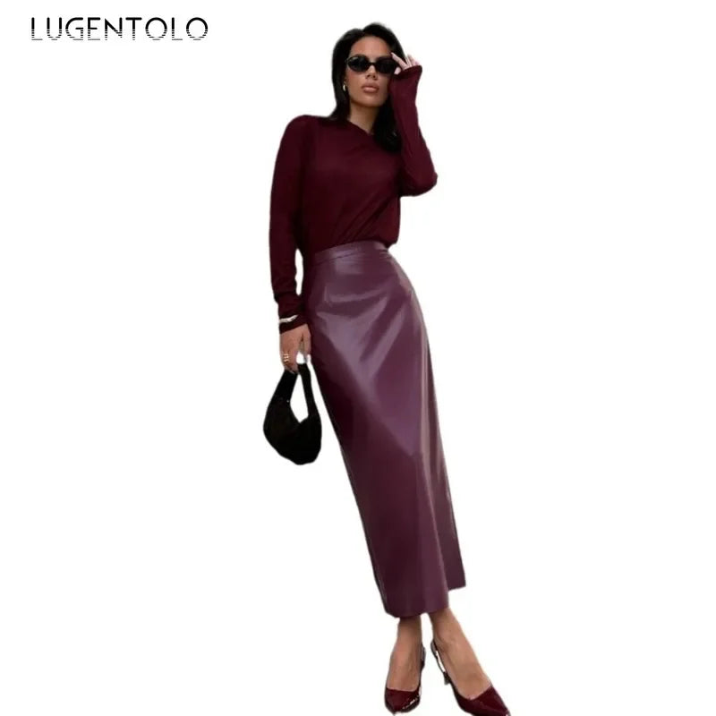 Women PU Skirt 2024 New Fashion High Waist Faux Leather Bottoms Sexy Mid-length Package Hip Slit Hem Elegant Office Party Wear