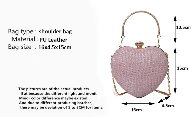 Evening Clutch Bag Women Bag Shiny Handbag Heart Shape Metal Clutches Bag Fashion Chain Shoulder Crossbody Bag Luxury Lady Purse