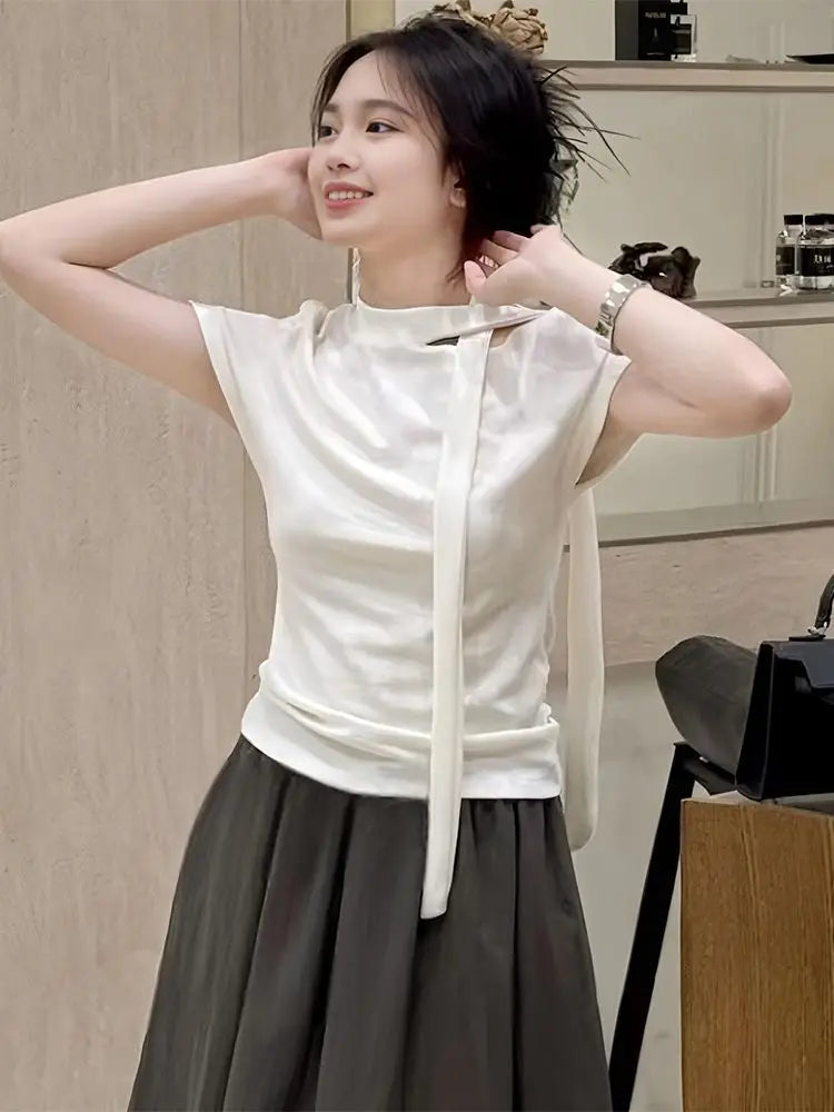 Off-shoulder White Short-sleeved T-shirt for Women 2025 New Summer Versatile Casual Top