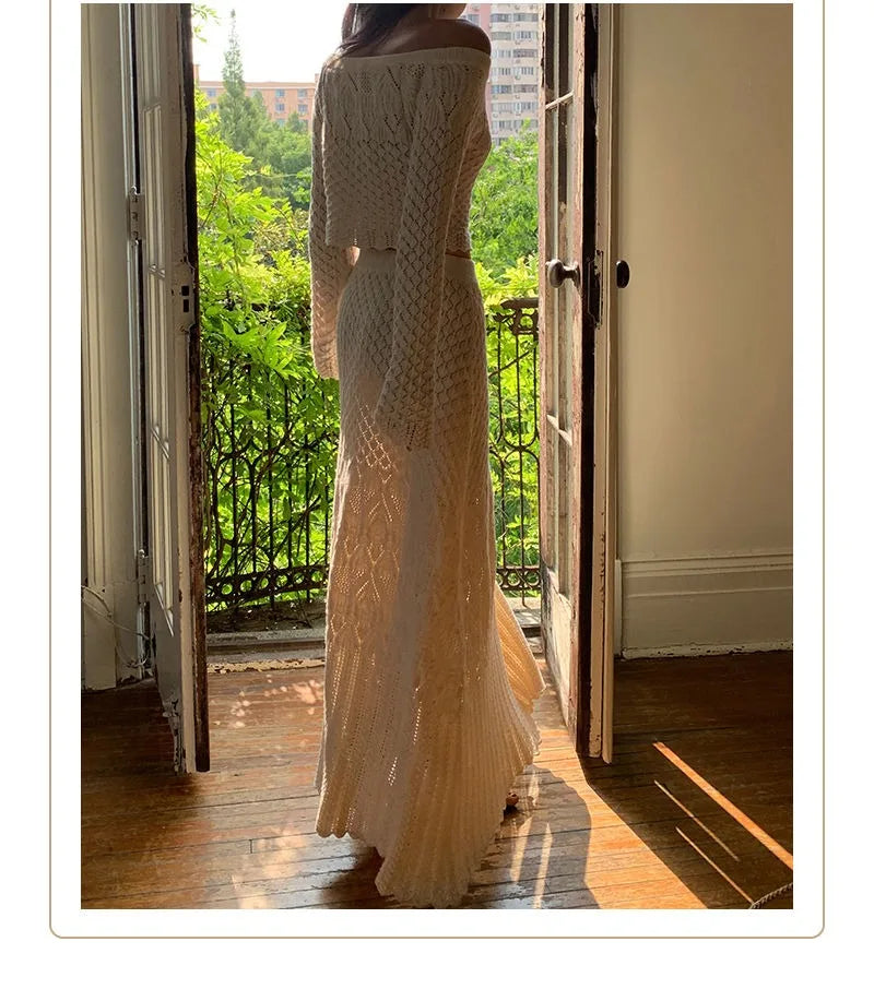 Women's Knitted Sweater Skirt Two-Piece Suit New Sexy Hollow Off-Neck Long Sleeve Sweater Skirt Suit