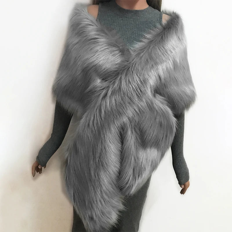 Women Fancy Bridal Wedding Shawl Cape Elegant Winter Warm Faux Fur Long Shawl Stole Wrap Scarf For Evening Party Decor Accessory