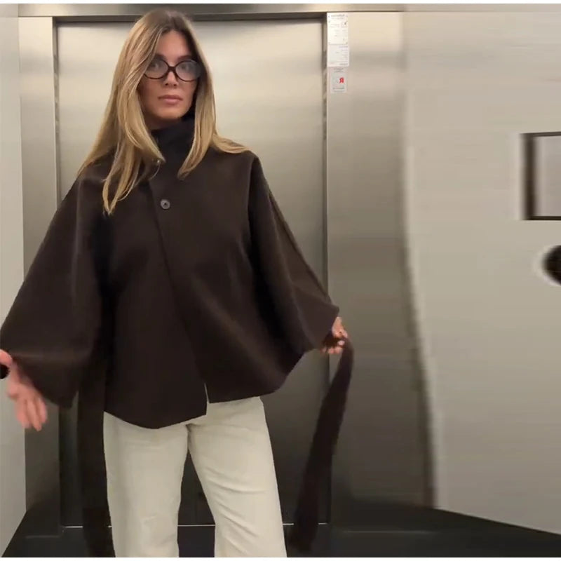 Elegant Lace Up Loose Fit Cape Coat Women's Autumn Winter Oversized High Neck Belted Wrap Jacket Fashion Warm Outerwear Outfit