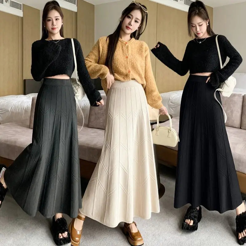 Knitted Midi Skirt for Women in Autumn and Winter, Black High Waisted A-line Yarn Large Swing Long Skirt Thickened To The Ankle