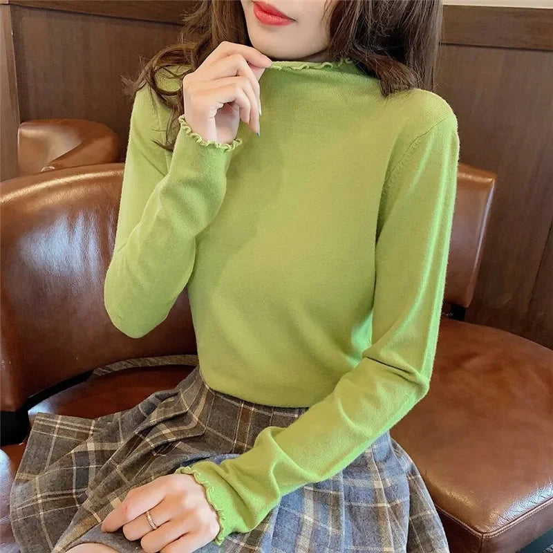 2025 Autumn and Winter Women Blouse Long Sleeve Solid Slim Turtleneck Fleece Versatile Tops Tees Female