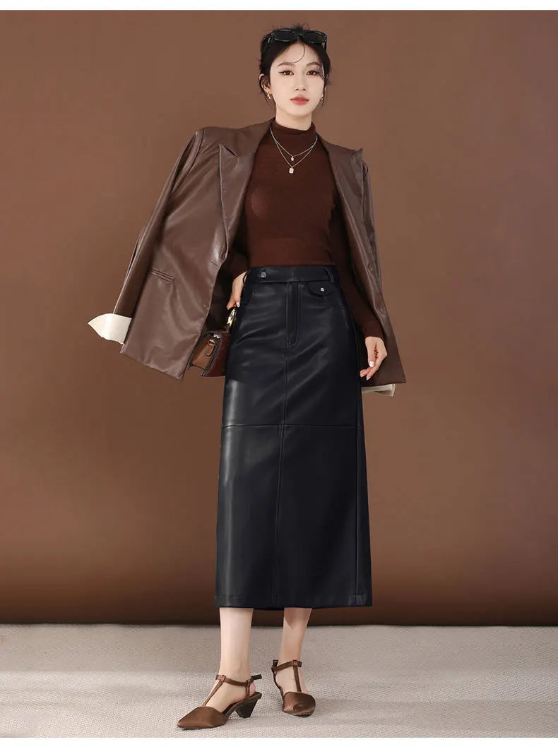 PU Leather Skirt Women's Autumn 2025 New High Waist Hip Skirt Medium and Long Straight Split One-step Skirt