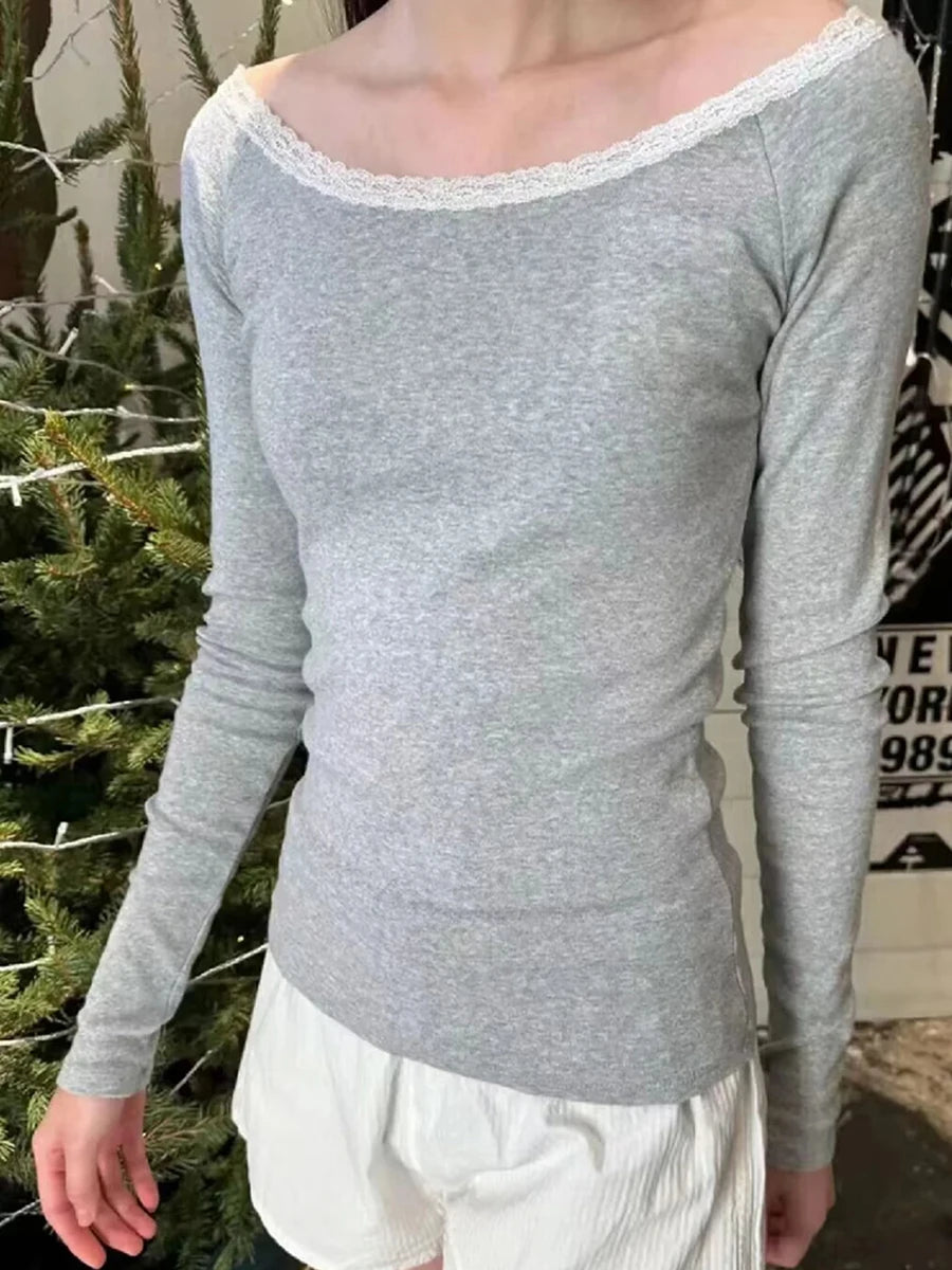 Sweet Lace Patchwork Cotton Long Sleeve Tees Women Casual Scoop Neck Slim Gray Tops Female Streetwear Vintage Y2K Chic T-shirts