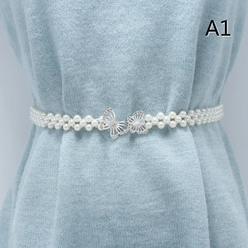Large Pearl Waist Chain Women's Elastic Belt with Diamond Decoration All-match Skirt Fashion Casual Luxury Design Girdle Gothic