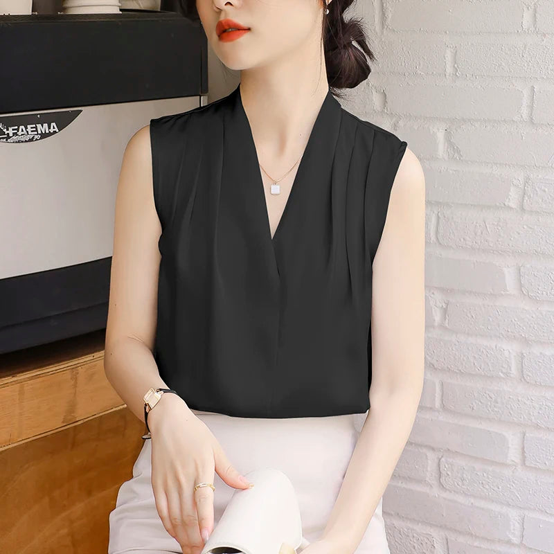 2025 New Summer Satin Tank Top Women's Blouses Sleeveless Solid Cross V-neck Casual Korean Elegant Vest Shirts for Womens