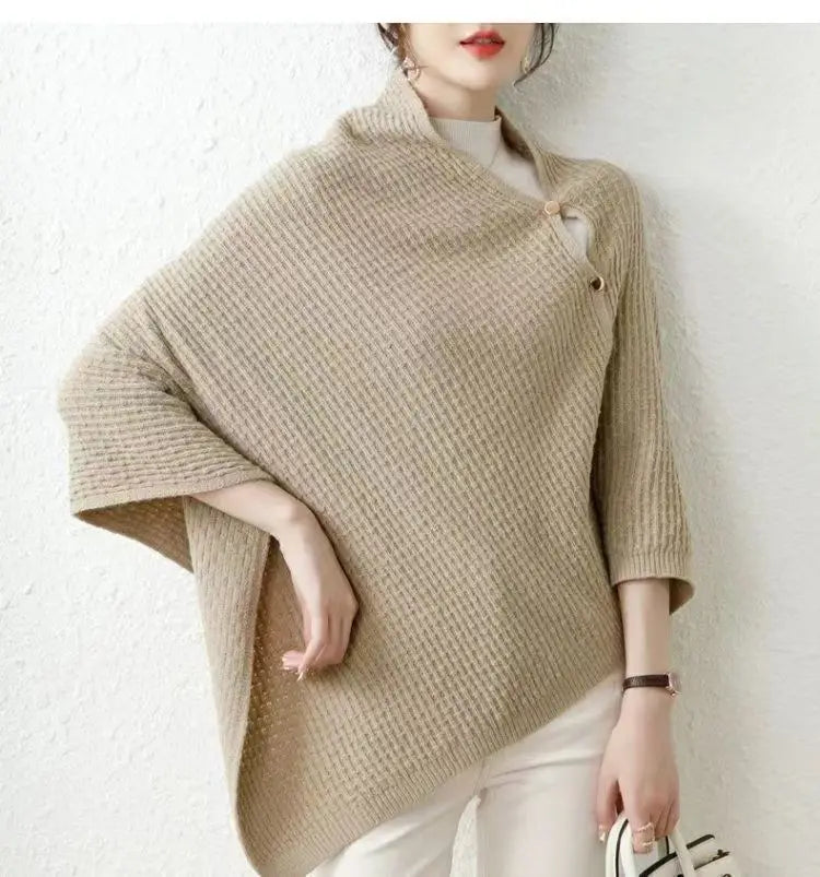 Warm Knitted Plain Color Scarf Thick Single Breasted Wool Shawl Wrap Women Cape Open Side Woven Cardigan Poncho Stole
