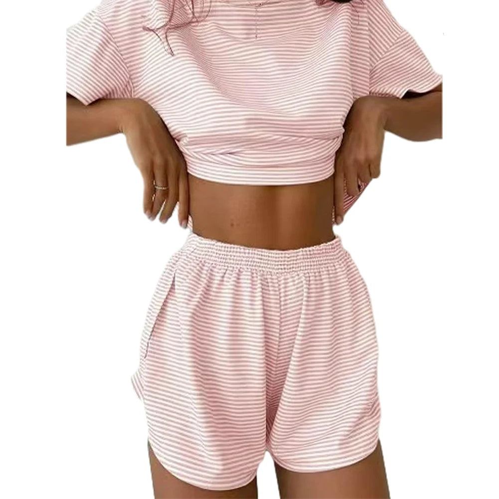 2 Pieces Pajamas Set Women Striped Pajamas Set Short Sleeve Tops and Shorts Soft Sleepwear Nightwear PJs Set