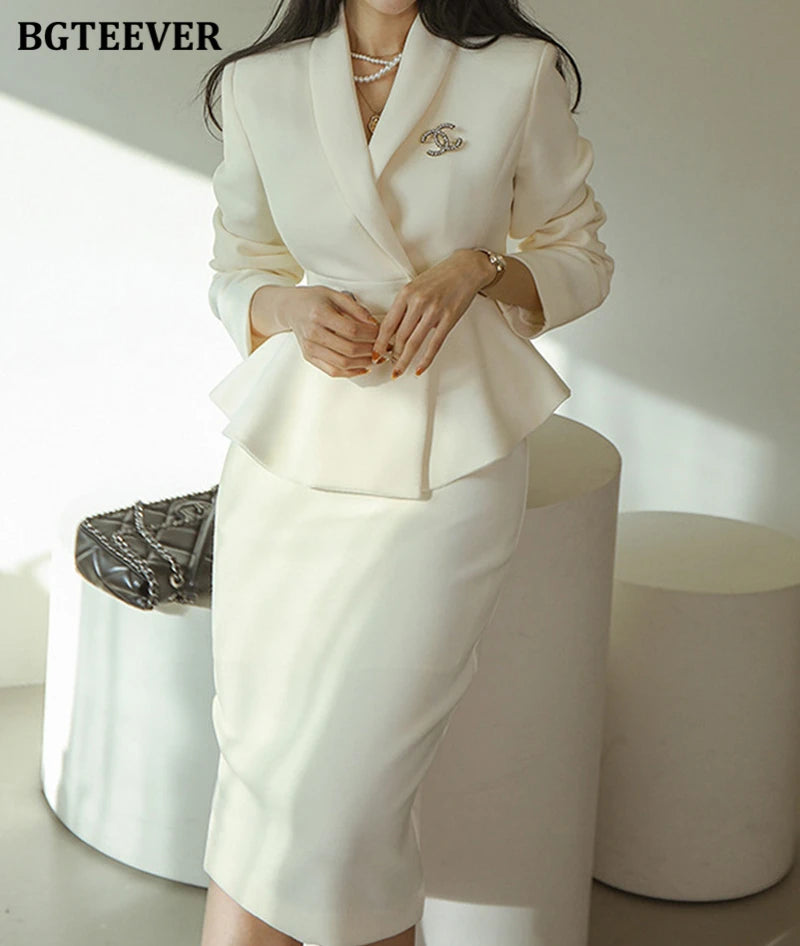 BGTEEVER Elegant Ladies Skirt Suits Double Breasted Slim Waist Blazer & High Waist Package Hip Skirts Women 2 Pieces Set