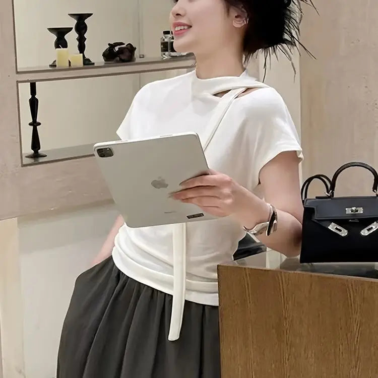 Off-shoulder White Short-sleeved T-shirt for Women 2025 New Summer Versatile Casual Top