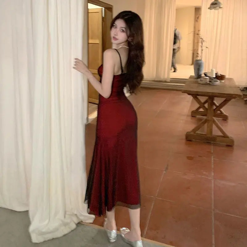Glamour temperament slip dress slim fit red evening dress midi mermaid dress women's clothing Spagatiti Strops dress