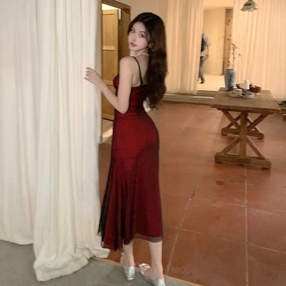 Glamour temperament slip dress slim fit red evening dress midi mermaid dress women's clothing Spagatiti Strops dress