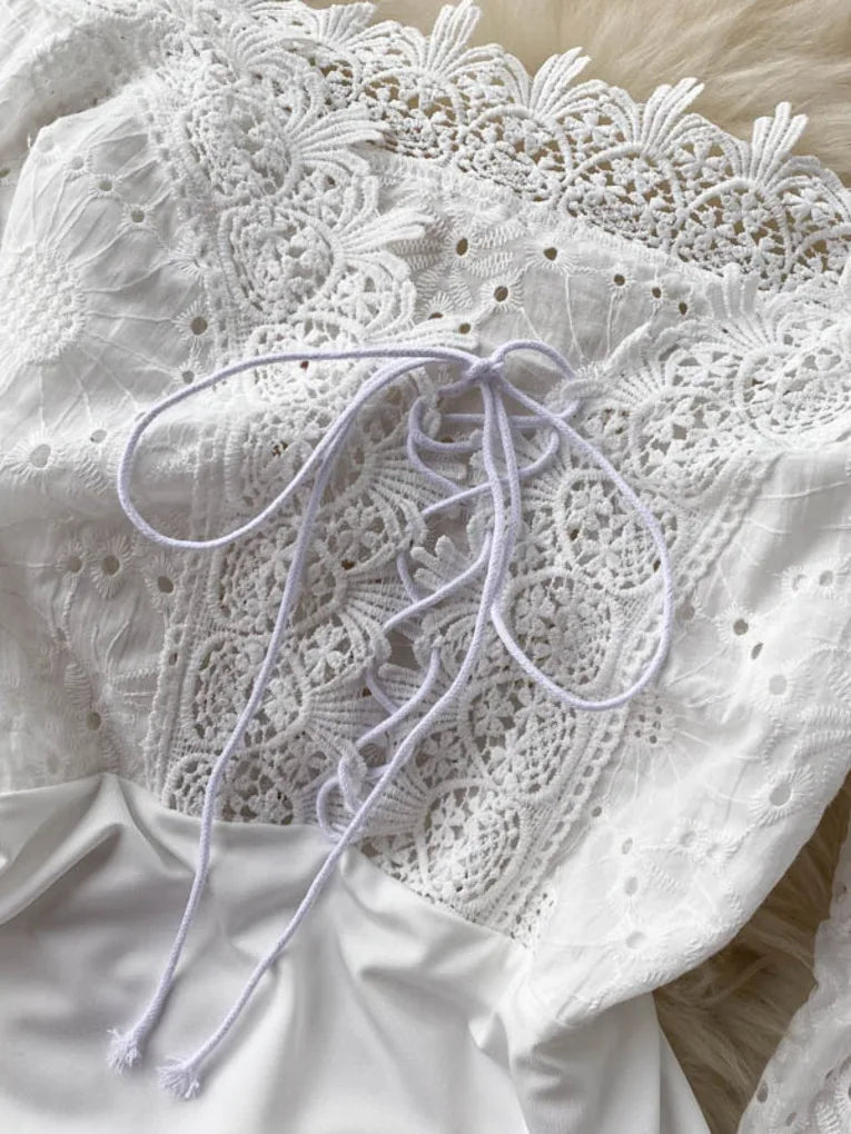 Women's Bodysuits 2025 Summer Autumn Ins Hollow Lace Spliced Lace-up V-neck Off Shoulder Lantern Sleeve Sexy Club Body Suits