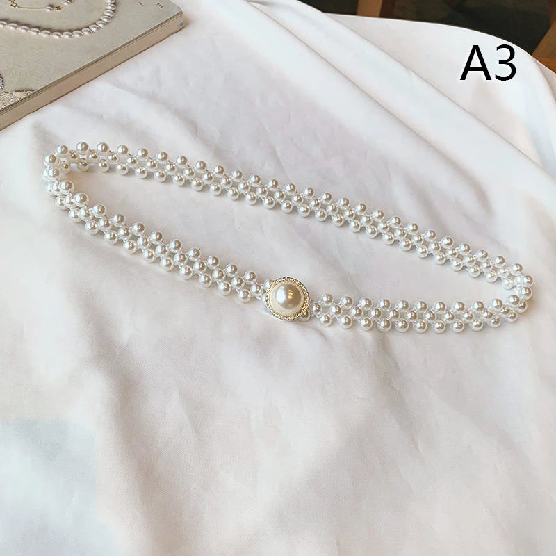 Large Pearl Waist Chain Women's Elastic Belt with Diamond Decoration All-match Skirt Fashion Casual Luxury Design Girdle Gothic