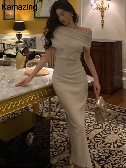 Elegant Solid Bodycon Evening Party Dresses for Women Fashion Off Shoulder Prom Vestidos Summer Korean Robe Female Clothing