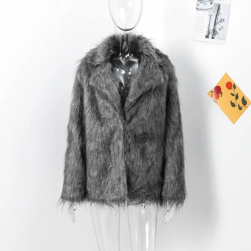 Women Plush Faux Fur Coat Female Casual Turn Down Collar Long Sleeve Warm Overcoat 2024 Winter New Fashion Cardigan Tops Lady