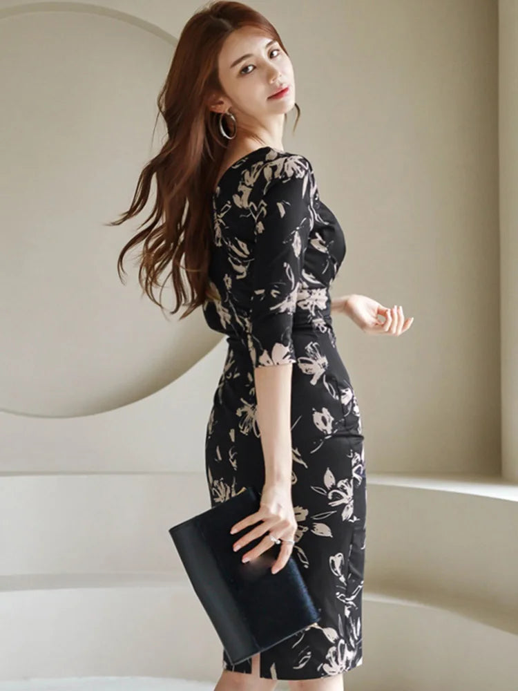 Elegant Office Lady Dress Spring Fashion Floral Square Collar With Seven-Point Sleeve High Waist Sheath Party Dress Women