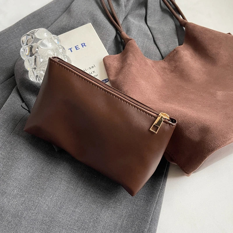 2pcs/set  Women Tote Bags Work Bags Suede Slouchy Bag Hobo Handbag Tote Handbag Suede Shoulder Bag Solid Color Commuting Bag