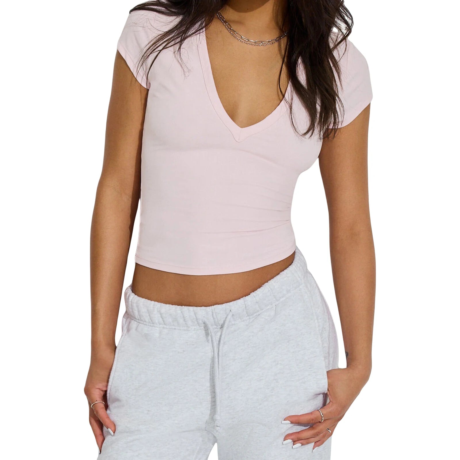 Women Crop Fitted T-Shirts Solid Color V-Neck Basic Short Sleeve Tops For Beach Vacation Summer Party Daily Wear Streetwear