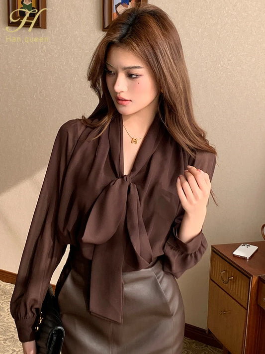 Womens Blouse Vintage Bow Elegant Loose Women Business Shirts Work Casual Tops Chiffon Blouse New Arrival Shirt