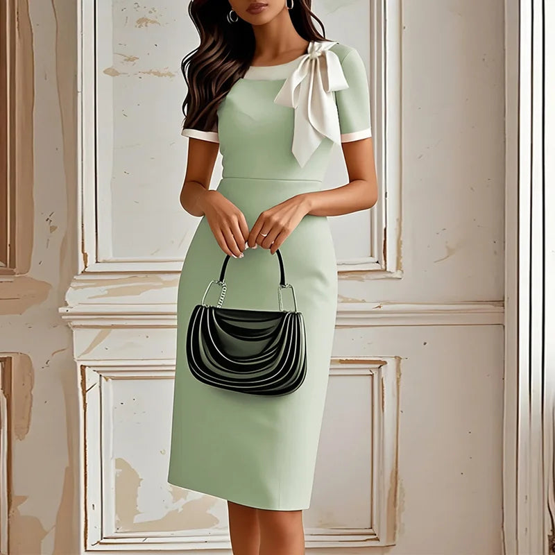 Elegant Crew Neck Bowknot Office Lady Dress Spring Contrast Color Patchwork Slim Party Dress Summer Short Sleeve Women's Dresses
