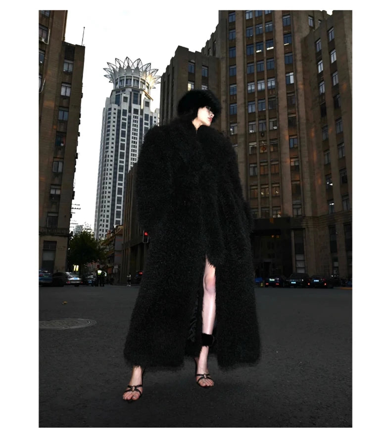 Lautaro Winter Extra Long Soft Thick Warm Fluffy Black Fuzzy Shaggy Hairy Faux Fur Coat Women Sashes Luxury Furry Overcoat 2023