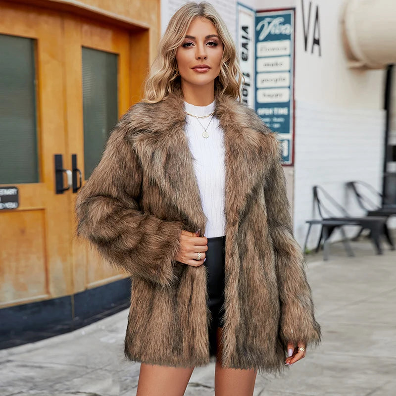 Women Plush Faux Fur Coat Female Casual Turn Down Collar Long Sleeve Warm Overcoat 2024 Winter New Fashion Cardigan Tops Lady