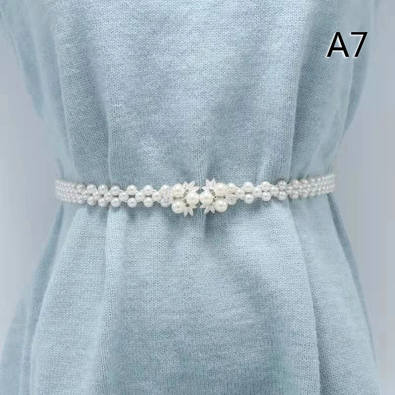 Large Pearl Waist Chain Women's Elastic Belt with Diamond Decoration All-match Skirt Fashion Casual Luxury Design Girdle Gothic
