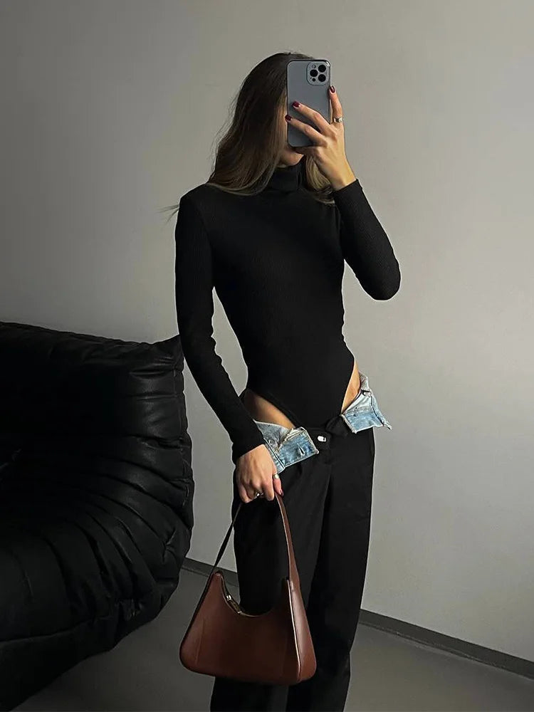 Solid Bodysuits For Women Fashion Sexy Long Sleeves Turtle Neck Slim Romper Female Streetwear Jumpsuits Tops Casual Outfit
